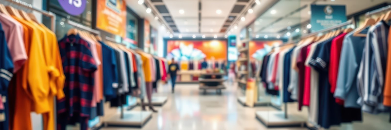 Colorful clothing collection showcased in a retail store during a busy shopping day